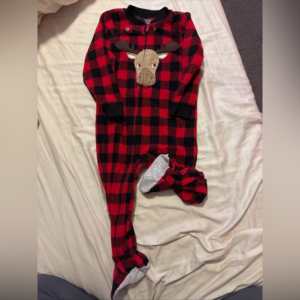 Carter's Red and Black Plaid Footie with Moose